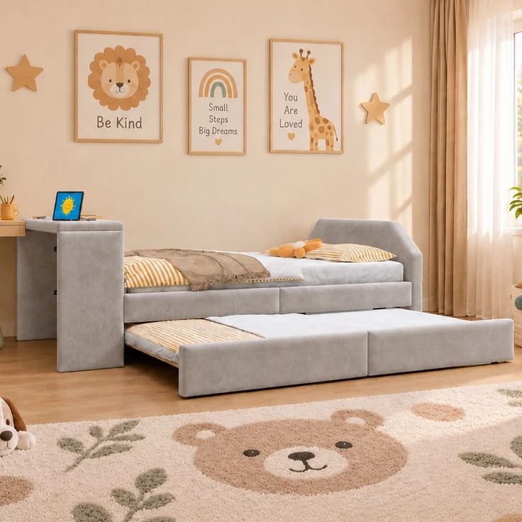 Merax Einzelbett, Kinderbett, Polsterbett 90 x 200cm mit integriertem Schreibtisch, USB-Ladeanschluss und ausziehbarem Gästebett; Samt-Bettgestell, Grau – Bild 2