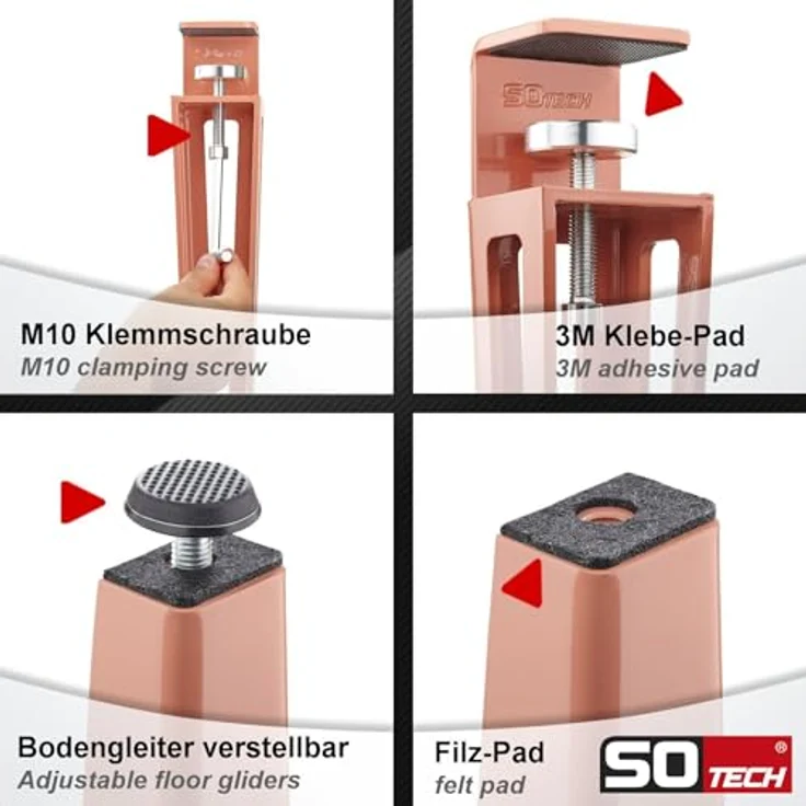 SO-TECH® Tischbein ColorLine in F-Form konisch zulaufend von 70 auf 40 mm, mit Klemmschraube (ohne Bohren) - rosa - Höhe 464 mm - 4x – Bild 5