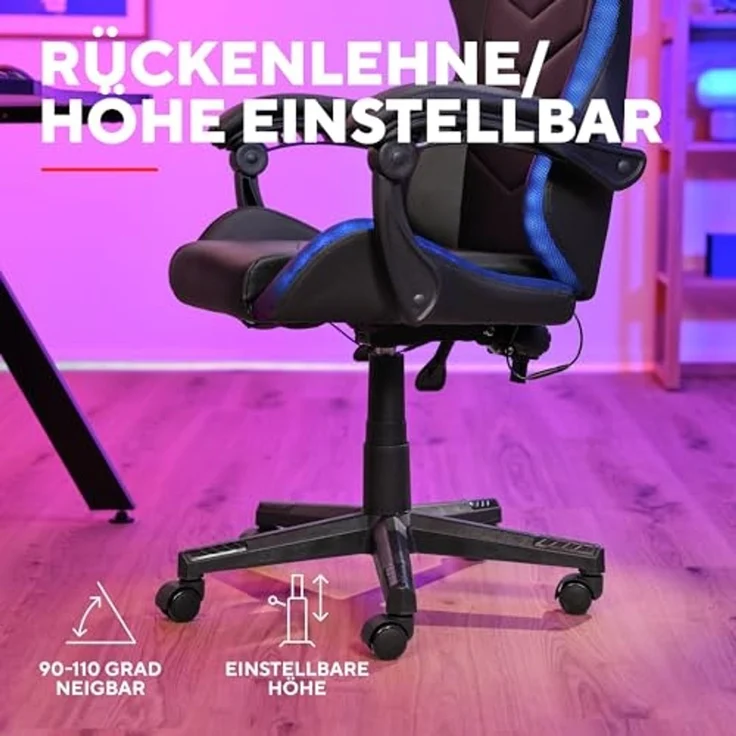 GXTrust 704 Roniq Gaming Stuhl LED, 178 Farben und Effekten, Gepolsterte Armlehnen, Verstellbare Höhe und Rückenlehne, Gaming Chair Schreibtischstuhl mit RGB-Beleuchtung, Schwarz – Bild 6