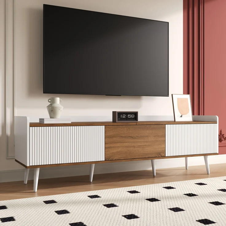 Stilvoller TV-Schrank mit 3 Türen – 160 cm, Weiß und Naturholz, stabil und geräumig, 160x39x49.5cm – Bild 3