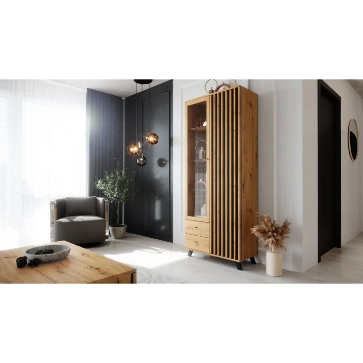 Newroom Vitrine Barea Wandpaneel Wildeiche Anthrazit Modern Vitrinenschrank Glasvitrine – Bild 1