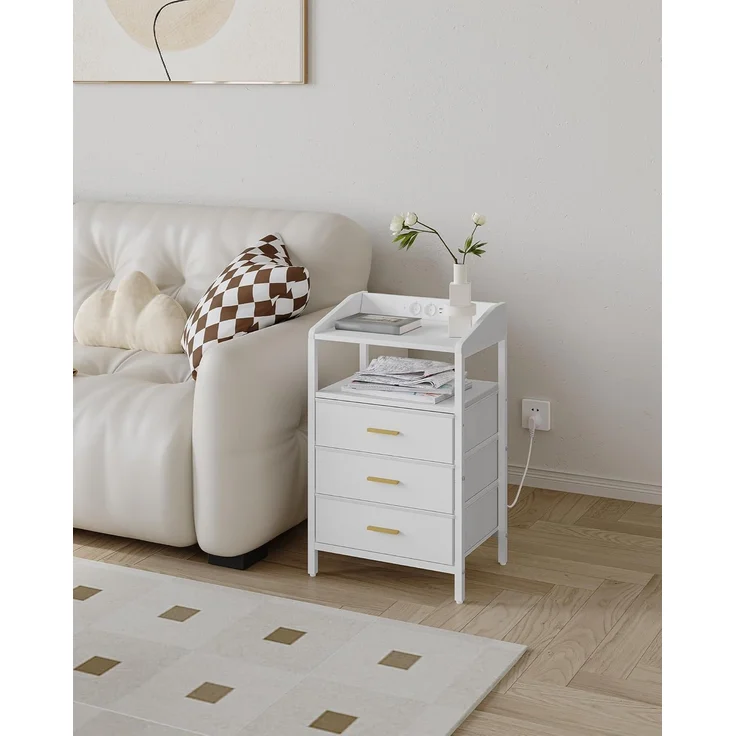 Nachttisch 2er Set, mit LED-Leuchten und Ladestation, Beistelltisch mit 3 Stoff-Schubladen und Regalen, mit USB-Anschlüssen & Steckdosen, für Schlafzimmer, Wohnzimmer, Weiß – Bild 1