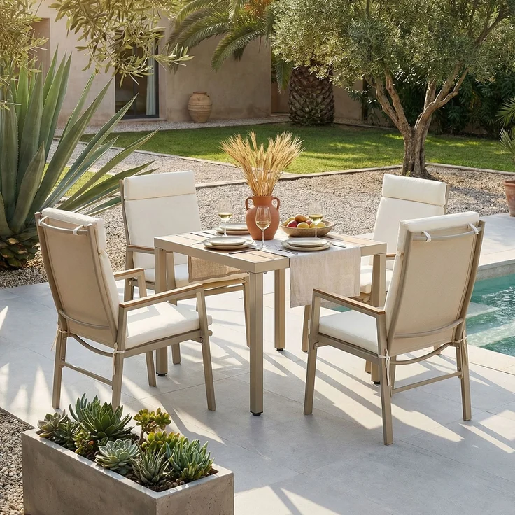 Garten-Essgruppe für 4 Personen mit Tisch und 4 Stühlen, verzinktem Eisen, Kunststoffholz-Tischplatte, Khaki + Beige – Bild 2