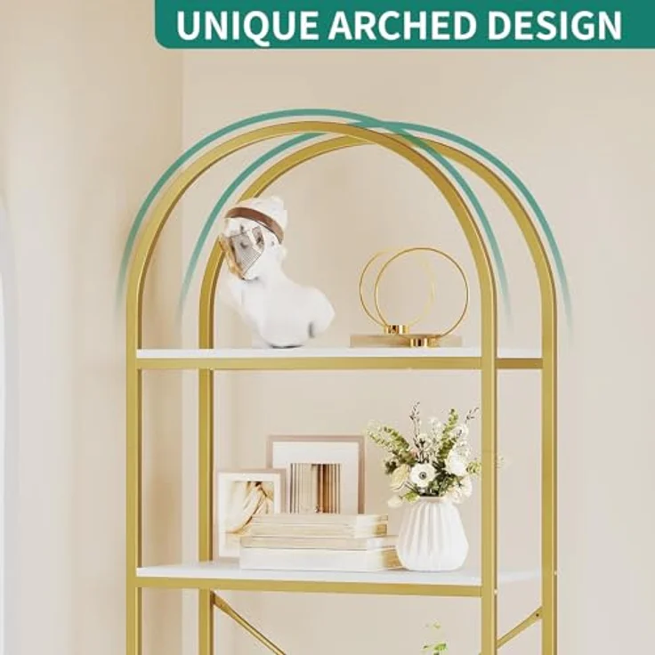 YITAHOME 4-stöckiges Bogenregal, Kuppelregal, freistehendes Aufbewahrungsregal für Wohnzimmer, Schlafzimmer, Arbeitszimmer, Weiß & Gold, 60 x 30 x 181,4 cm – Bild 5