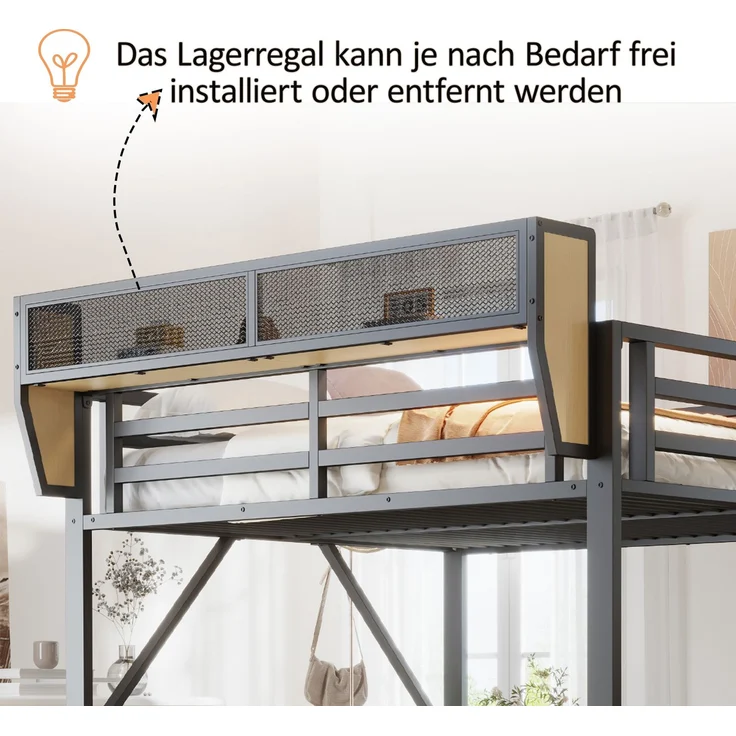 EINHOM Hochbett 140 x 200 cm mit Sicherheitsleiter und Flexiblem Staufach, Metallbett Erwachsenenbett Kinder-Etagenbett Schwarz (Ohne Matratze) – Bild 6