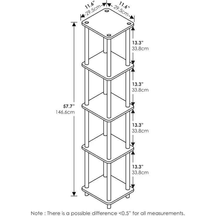 Furinno Turn-N-Tube 5-stufiges Viereckiges Regal, MehrzweckRegal, Bücherregal, Aufbewahrungsregal, mit Runde Rohre, Französische Eiche/Schwarz, 29. 5 (Breite) x 146. 3 (Höhe) x 29. 5 (Tiefe) cm – Bild 3
