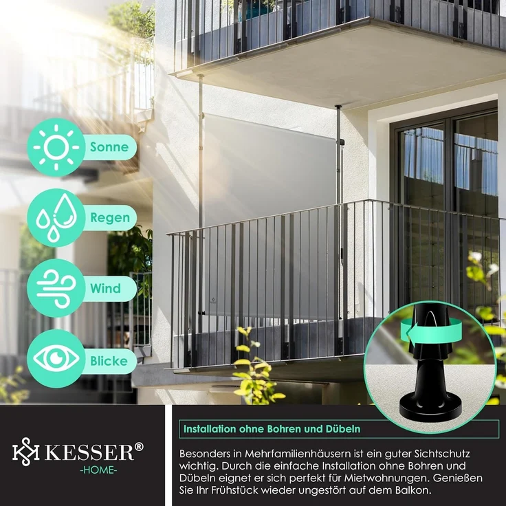KESSER® Klemmmarkise Senkrechtmarkise außen Ausziehbar & Blickdicht | Vertikalmarkise mit Handkurbel ohne Bohren | Balkon-Sichtschutz & Windschutz für Garten & Terrasse Wasserfest Grau, 150 x 310 cm – Bild 4
