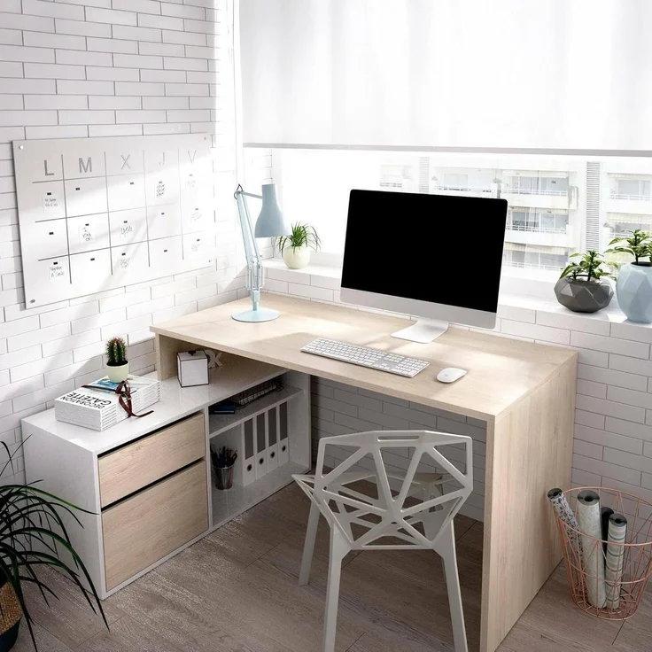 Dmora - Gardena-Schreibtisch, Schreibtisch mit Mehreren Positionen für das Büro oder Schlafzimmer, Mehrzweck-Ecktisch, 139 x 92 x 75 cm, Weiß und Eiche