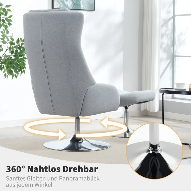 Relaxsessel Set mit Fußhocker und Kopfteil, 360° drehbarer Fernsehsessel mit Leinenstoff Bezug, elektroplattiert, 118 x 68 x 84 cm, Grau – Bild 5