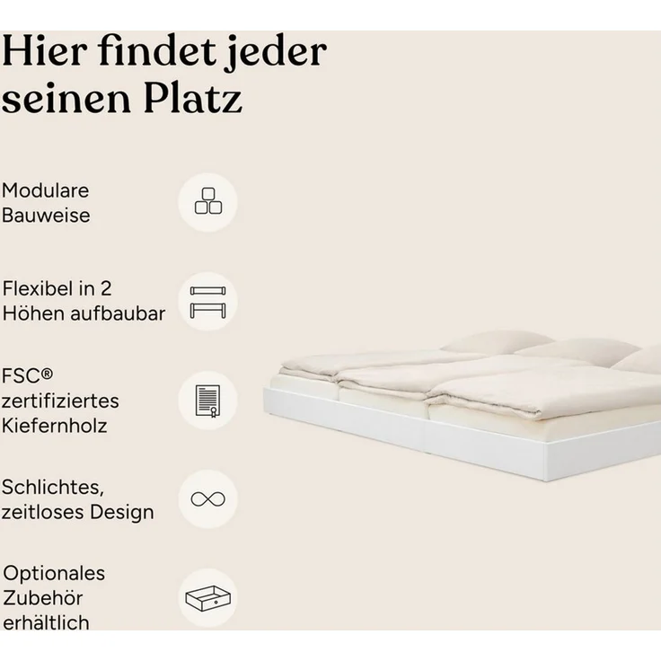 Ehrenkind Holzbett Plano, Modulares Familienbett, FSC® Zertifiziert (Familienbett, 270x200 cm, aus massivem Kiefernholz, weiß lackiert, modular erweiterbar mit Zubehör und weiteren Plano Betten), 2‑in‑1 Höhe (Bodenbett oder Standard) – Bild 3