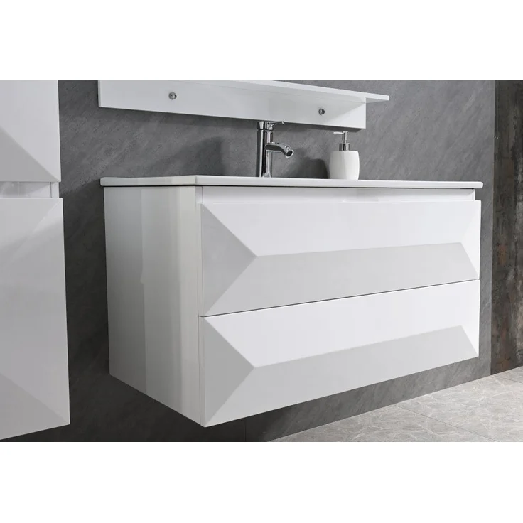 Miran Badmöbel Set 90 cm Weiß Hochglanz mit Spiegel 1x Seitenschrank Rechts, 1x Waschbeckenunterschrank, 1x Spiegelablage, 1x Spiegel – Bild 2