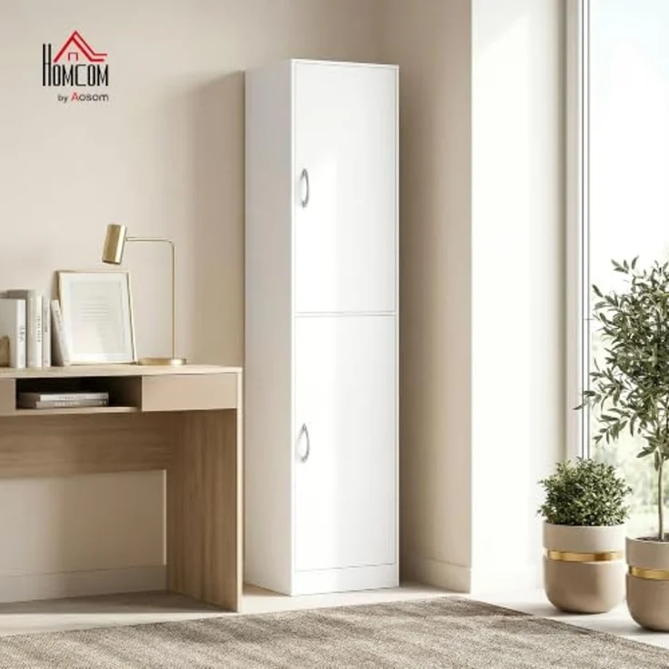 HOMCOM Bücherregal Bücherschrank, 5 Ebenen, 2 Türen, verstellbare Ablagen, Standregal 1-tlg, 40 x 35 x 180 cm für Büro, Wohnzimmer, Schlafzimmer, Weiß – Bild 2