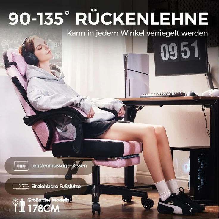 Dowinx Gaming-Stuhl Massage Lendenwirbelstütze Bürostuhl mit Fußstütze für Erwachsene (Packung), Ergonomischer Gaming Sessel Groß und Hoch für Office Gaming 135KG – Bild 3