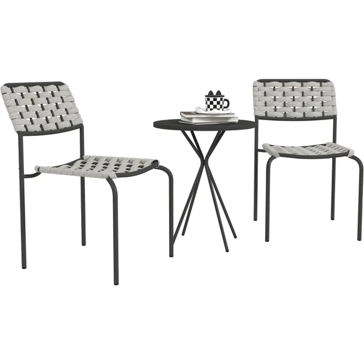 Polyrattan Gartenmöbel Set, Outdoor Lounge Balkonmöbel für 2 Personen, 3-teilig Sitzgruppe mit 2 Stapelbare Stühle, Tisch, wetterfest Gartenlounge für Garten, Terrasse Balkon, Grau--Grau--60x46x80cm--YOUDENOVA