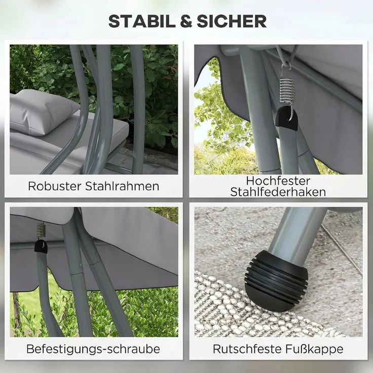 Outsunny Hollywoodschaukel Gartenschaukel mit Sonnendach, Liegefunktion, 2-Sitzer, Bettfunktion, Schaukelbank, 1 tlg, Bettschaukel, für Garten, Hellgrau – Bild 5