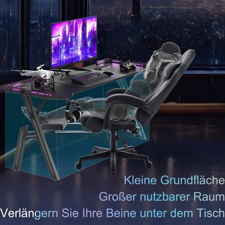 FIVMEN Computertisch Gaming Schreibtisch mit LED A-Förmige Computer Tisch Schwarz – Bild 3