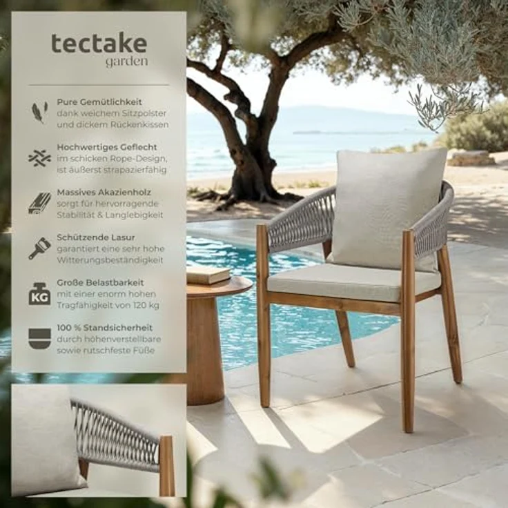 tectake® Gartenmöbel Set, Gartenstuhl Holz Rope Design, Balkon Sessel, Outdoor Möbel, Gartenstühle, Balkonmöbel, Terrassenmöbel, Wintergarten, Sitzgruppe Outdoor, Balkonstühle - Greige, 6er Set – Bild 4