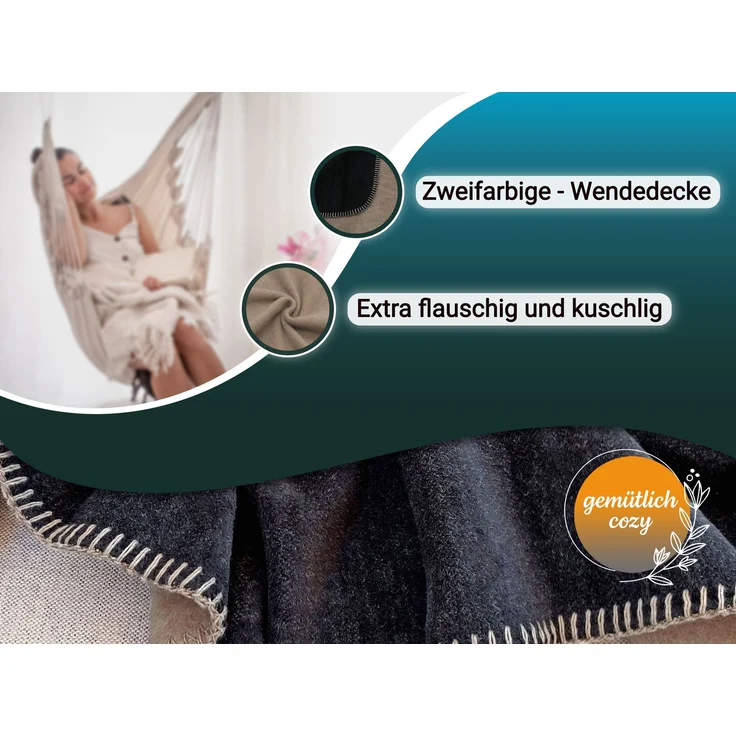ZOLLNER Kuscheldecke in Wendeoptik, 150x200 cm, schwarz-fango – Bild 3