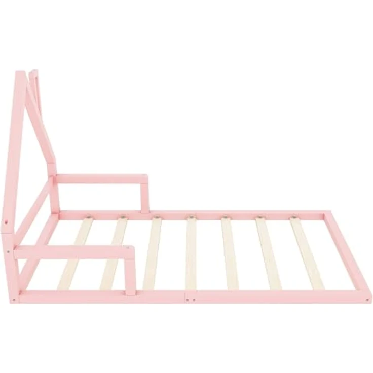 FAVSH Hausbett 90x200 cm Kinderbett mit Rausfallschutz, Lattenrost und Hausdach-Design, Jugendbett aus Kiefernholz, Einzelbett für Kinder und Jugendliche, Bodenbett Rosa – Bild 4