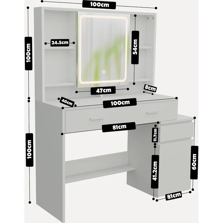 JUMMICO Schminktisch mit LED-Beleuchtung, Einstellbare Helligkeit&Farbtemperaturen, Organizer Schminktisch Spiegel mit Licht, Frisiertisch mit Schubladen und verstellbaren Ablagen, Maße: 117 x 40 x 140 cm – Bild 3