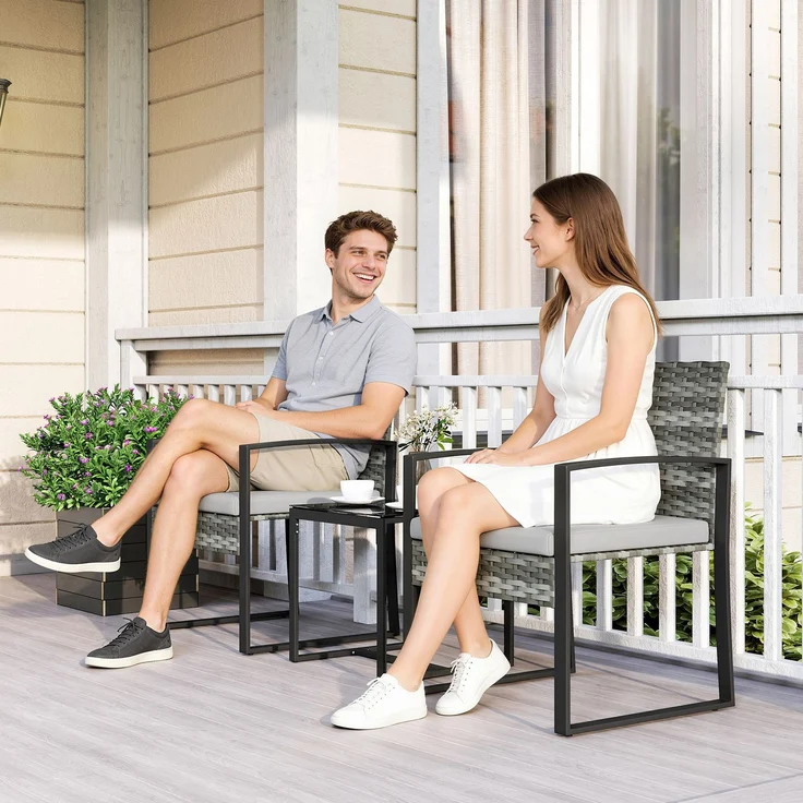 MELAYR, Rattan Bistroset, 3 teiliges Gartenmöbel-Set mit 2 Gartenstühlen, Couchtisch, 58 x 55 x 76 cm, Hellgrau – Bild 4