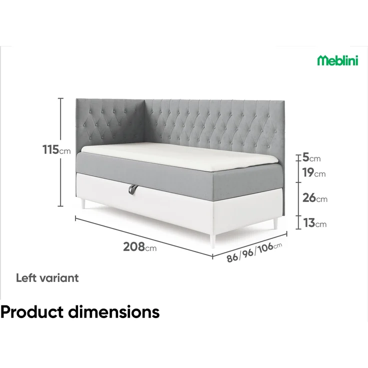 MEBLINI Kinderbett mit Bettkasten FILIPPO 3 80x200 Links – H3/Grau Samt Gepolstert Einzelbett mit Matratze - Polsterbett mit Stauraum - Bett mit Kopfteil – Stauraumbett – Bild 6
