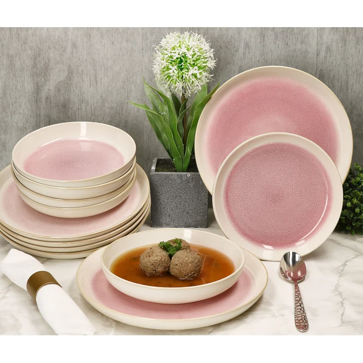 12tlg Tafelservice Reactive Glaze Paris 6 Pers. Speiseteller Suppenteller Pink – Bild 6