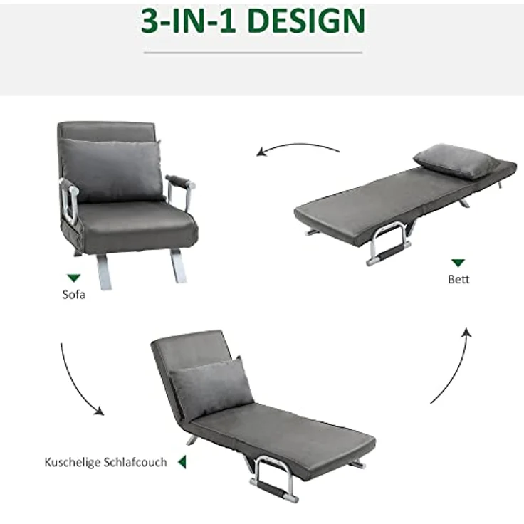 HOMCOM Sessel mit Armlehne, 3-in-1 Gästebett, Klappmatratze, Klappbett (Schlafsessel, 1-St, Schlafsofa), für Wohnzimmer, Hellgrau – Bild 6