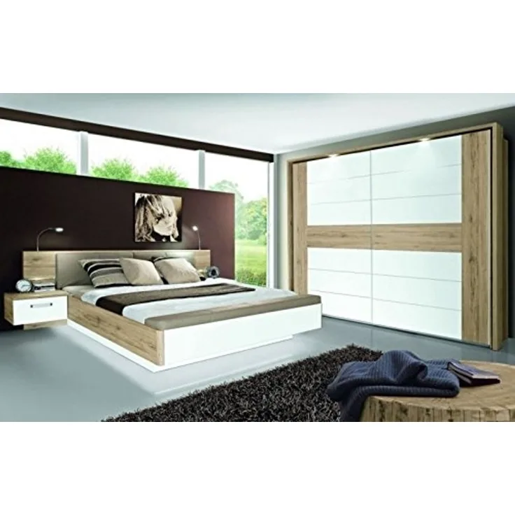 Forte Möbel 'Rondino' Schlafzimmer-Set, Bettanlage 3-tlg., Doppelbett 180x200 cm, inkl. Fußbank und 2 Nachtkonsolen, Sandeiche Nb./Hochglanz Weiß