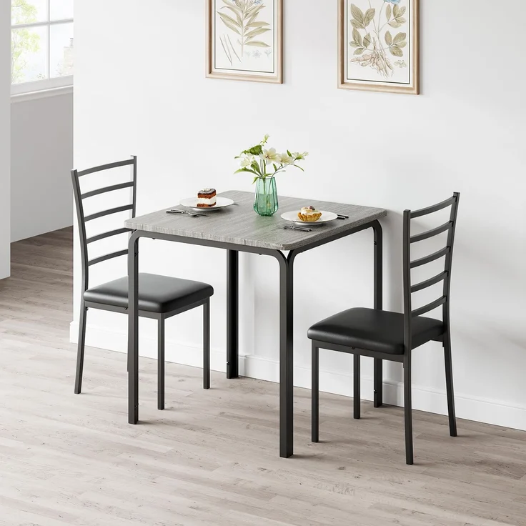 IDEALHOUSE 3-Teiliges Esszimmer Set Für 2 Personen, Esstisch&2 Gepolsterte Stühle, Platzsparend Esszimmermöbel-Set, Metall Und Holz, Stabil, Tisch Essgruppe Mit 2 Stühlen Für Kleine Räume, Küche-Grau4