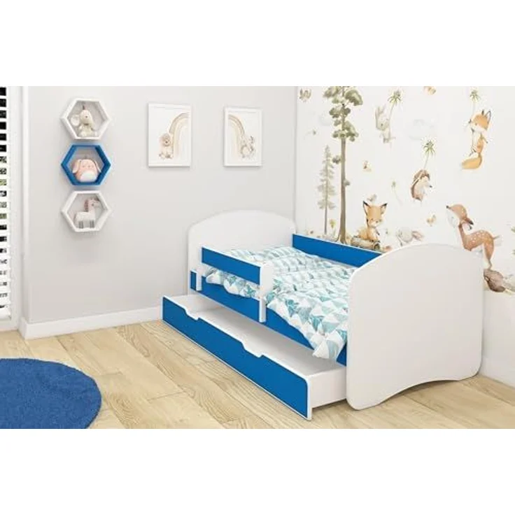 Kinderbett Jugendbett mit einer Schublade und Matratze Weiß ACMA II (180x80 cm + Schublade, Blau) – Bild 2