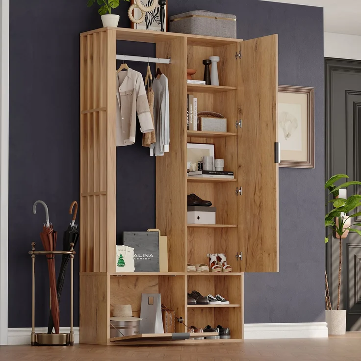 100*33*190cm garderobenschränke mit flur,6-in-1-Eingangsschrank, zum Aufhängen von Mänteln,Flurschrank mit Wäscheständer ,Garderobenschrank und Spiegel, Breite 100 cm,Schrank mit unterer Tür,Holzfarbe--Natürlich--100x33x190cm--YOUDENOVA – Bild 3