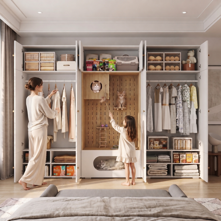 Wohnora-Kleiderschrank, Garderoben-Set Garderobe, Haustierschrank, 270 x 50 x 200 cm, mit 1 Kleiderstange und Katzenkletterwand, für Schlafzimmer, Wohnzimmer und Flur, Weiß+Holzoptik,H 200cm x T 270cm x B 50cm – Bild 3