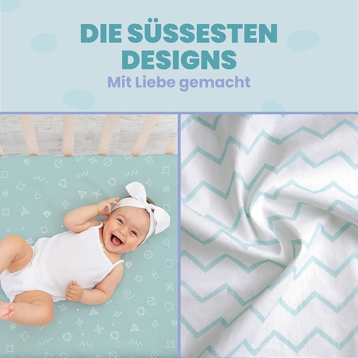 2X Spannbettlaken aus 100% Baumwolle mit Gummiband - 1X Matratzenschoner aus 100% wasserdichtem Material - 3er-Set - 55x90 cm - Blau – Bild 5