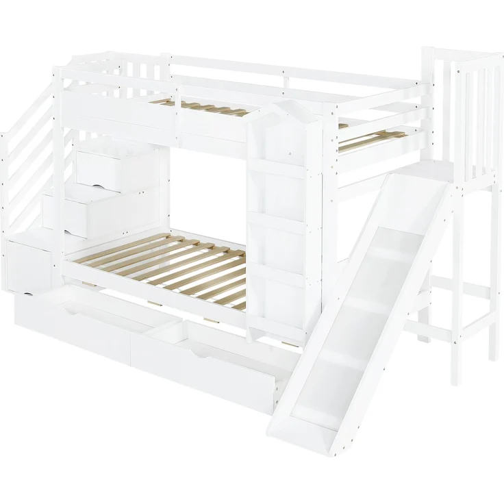 Merax Etagenbett, 90x200cm Kinderbett, Mit Bilderbuchregal, zwei Schubladen auf Rollen und Kinderrutsche, Treppenaufbewahrungs-Schrank, Weiß – Bild 9