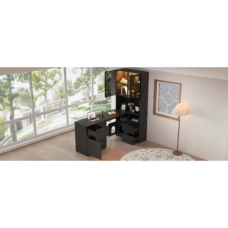 ZUBALIYA Eckschreibtisch mit Regal und LED-Vitrinenschrank 120×80×180 cm – Schreibtisch mit Kabeldurchlass, 3 Schubladen, 2 Türen, offenen Fächern,Ein Eckschreibtisch mit eingebautem Bücherregal ,Schwarz – Bild 15