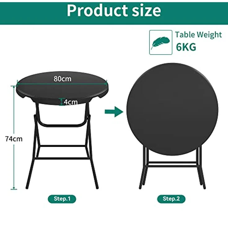 YITAHOME 80cm Gartentisch, Runder Klapptisch, Balkontisch Klappbar, Campingtisch Wetterfest für Outdoor Party Strand BBQ, mit Rostfreie Metallrahmen, 80 x 80 x 74 cm, Schwarz – Bild 4