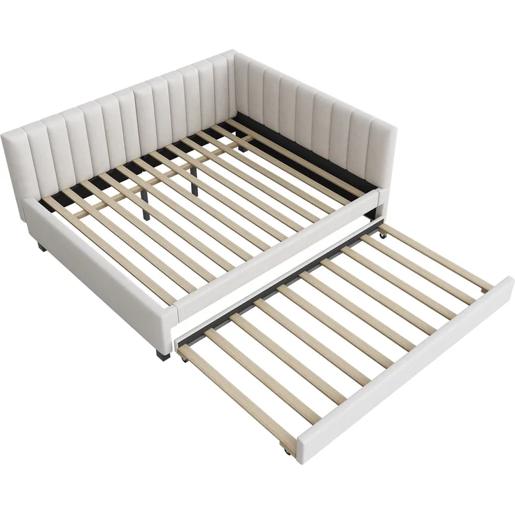 Polsterbett 140*200, Ausziehbares Schlafsofa, Multifunktionsbett mit Lattenrost, Jugendbetten Kinderbetten Gästebetten, Samtstoff Beige – Bild 8