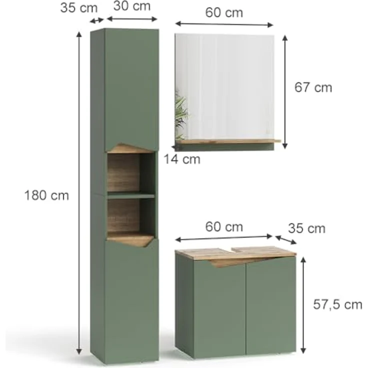 Vichy Badmöbelset Marelle, 3-teilig mit Hochschrank, Grün/Artisan, inklusive Badezimmer-Spiegel und Waschtischunterschrank – Bild 2