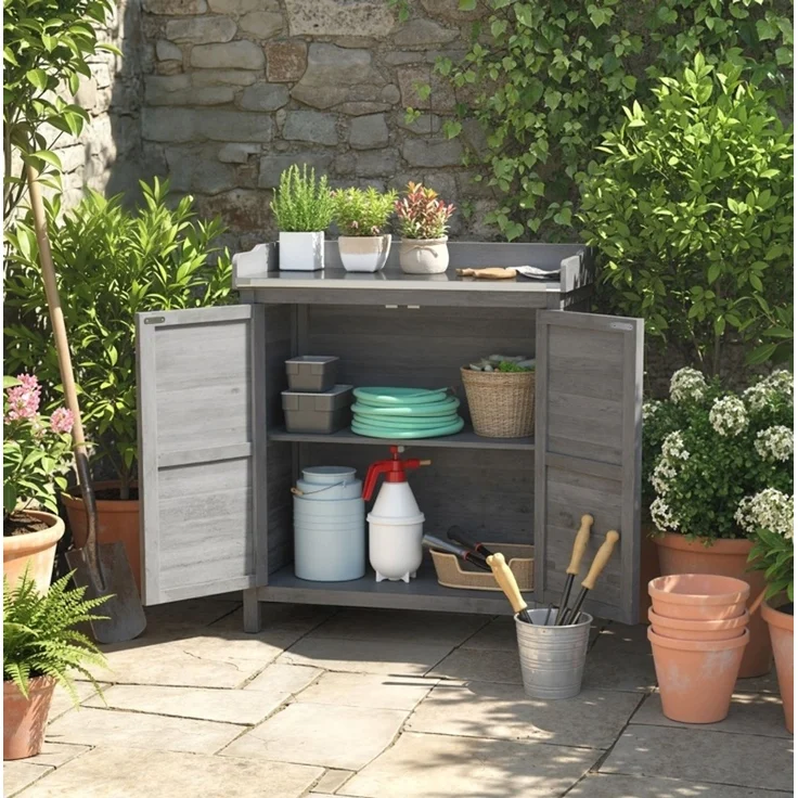 Gartenschrank mit Pflanztisch, 92 cm hoch, aus Fichtenholz mit verzinkter Arbeitsplatte, grau – Bild 2