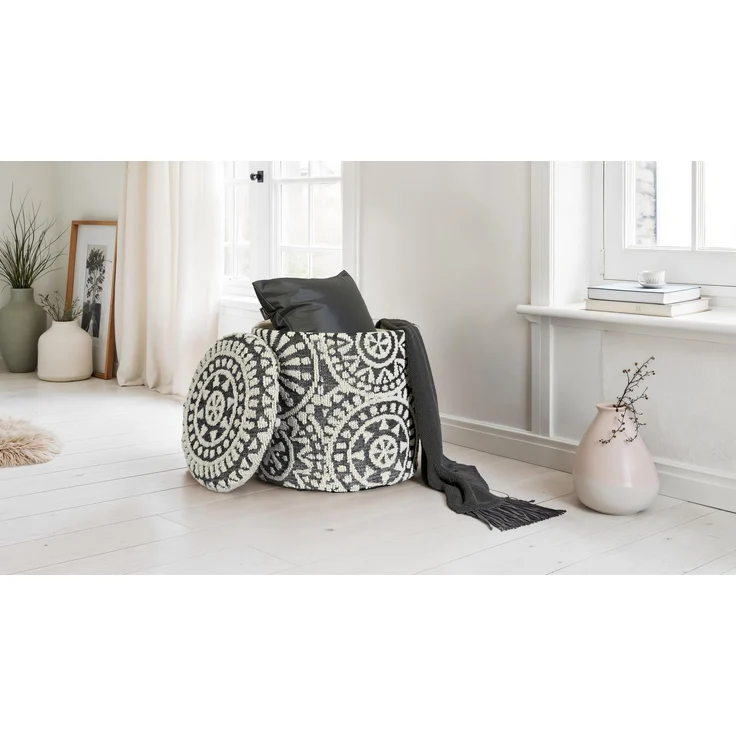 Sitzhocker rund Ø40x45cm Wolle Grau-Creme mit Stauraum Boho Design – Bild 4
