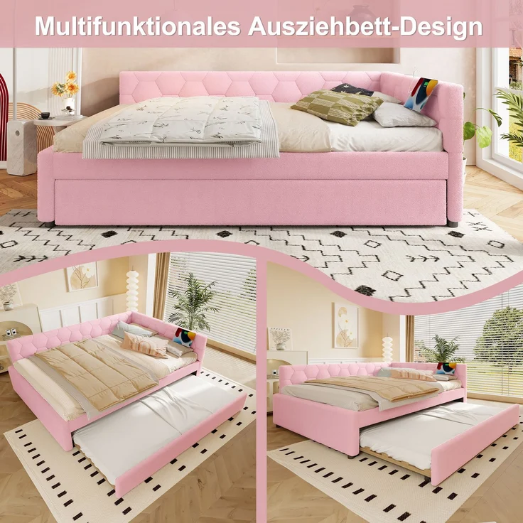 Daybett, 140*200cm Tagesbett, Schlafsofa, Bett mit Lattenrost (ohne Matratze), mit Nachttischlampe, mit multifunktionalem Ausziehbett, USB-Anschluss, Typ-C, Komfortmaterial, Vliesimitat, Rosa – Bild 4
