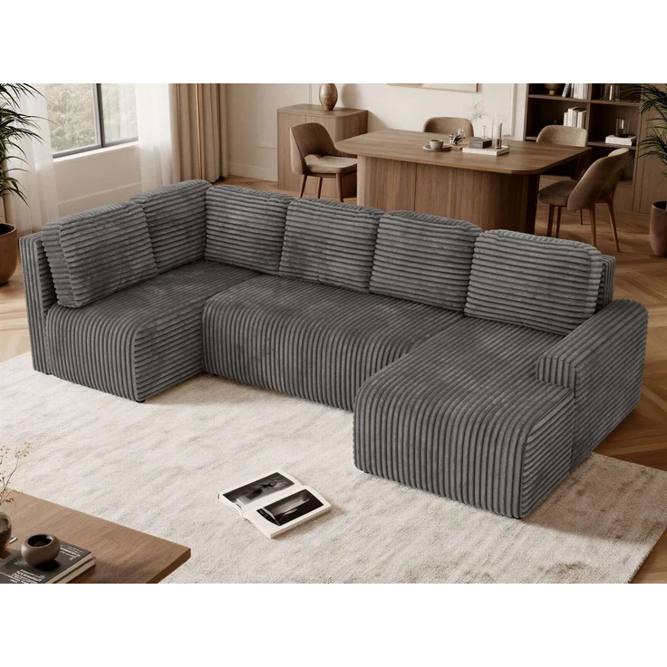 U-förmiges Sofa NESSARO COR U mit Schlaffunktion und Bettkasten, Freistehende Wohnlandschaft, DL-System, Bonellfederkern - Grau Cord - Links Seite – Bild 4