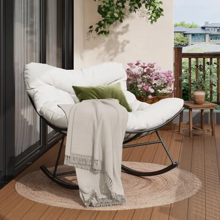 GarveeHome Schaukelstuhl Oversized, Schaukelsessel mit dickem Kissen & Metallrahmen, Relaxsessel für Poolside, Garten und Hinterhof, Tragfähigkeit
