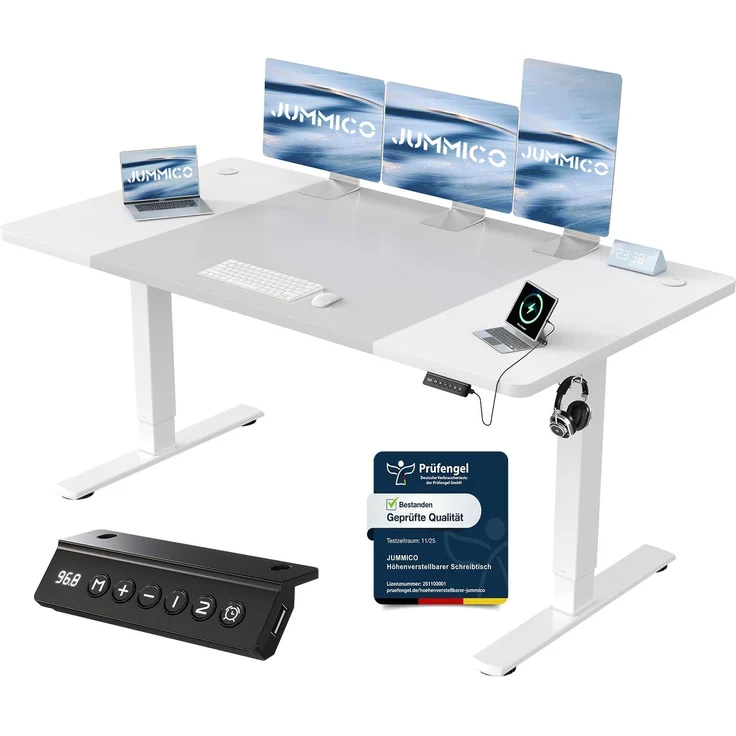 JUMMICO Höhenverstellbarer Schreibtisch 160x70 cm, USB-A-Anschluss | Schreibtisch Höhenverstellbar Elektrisch, Erinnerung bei langem Sitzen Stehschreibtisch, Computertisch Grau und Weiß