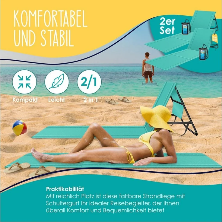 KESSER® Strandmatte klappbar mit verstellbarer Rückenlehne, Strandliege faltbar mit Tragegurt, wasserdichter Handyhülle & Aufbewahrungstasche, Sonnenliege für Strand Garten Terrasse, Liegematte 130Kg Blau, 2er Set / 50W – Bild 3