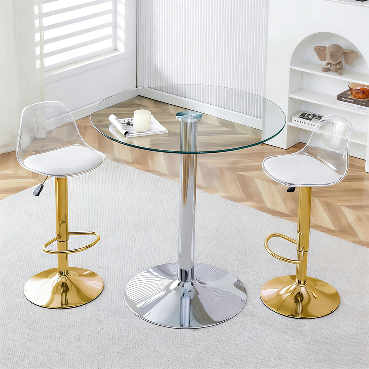 Flexibles Bar-Set: 89 cm Glastisch + 2 Hocker mit goldfarbenen Beinen, höhenverstellbar & drehbar, • Transparente Optik • 360°-Drehung • Vielseitig nutzbar, Schafft visuelle Weite und spart Platz.--Gold, Silber, Transparent--52x49.5x50.5cm--YOUDENOVA