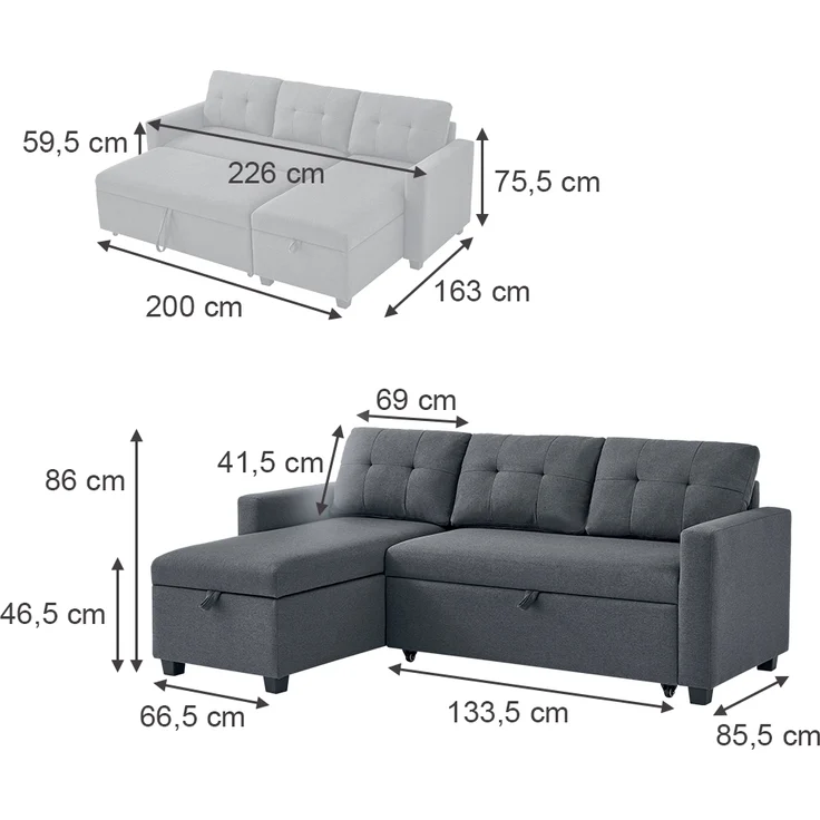 Sofa L Form Campina Grau 226 x 163 cm mit Schlaffunktion Vitalispa – Bild 3