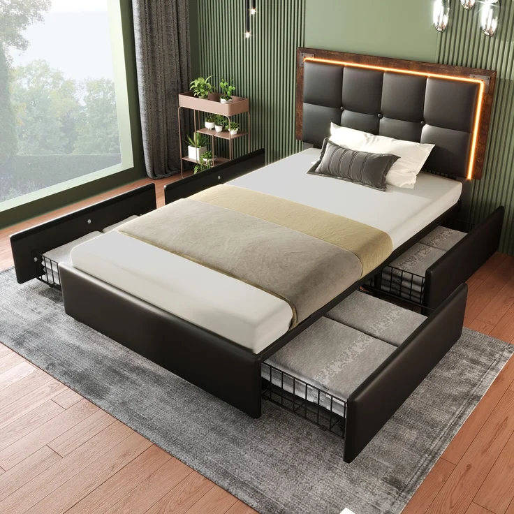 Merax Polsterbett, mit LED-Beleuchtungsleiste und 4 Schubladen, Höhenverstellbares Kopfteil, Funktionsbett, Ohne Matratze, PU Schwarz/Grau, 90x200cm – Bild 2