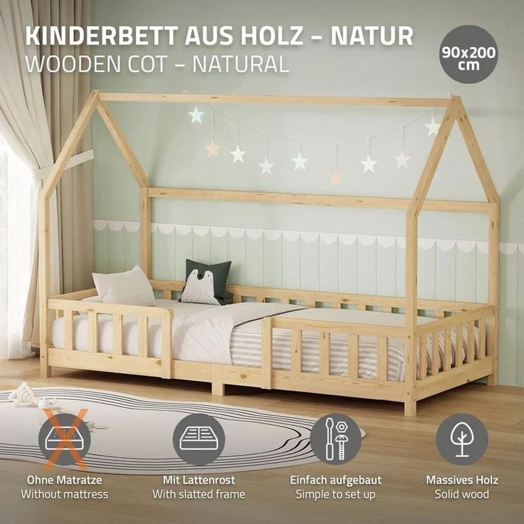 ML-DESIGN Spielbett Hausbett Kinderbett inkl. Lattenrost kreativ Bodenbett für Kinder, Abenteuerbett ohne Matratze 90x200cm Holzbett Natur Kiefer Bettgestell – Bild 1